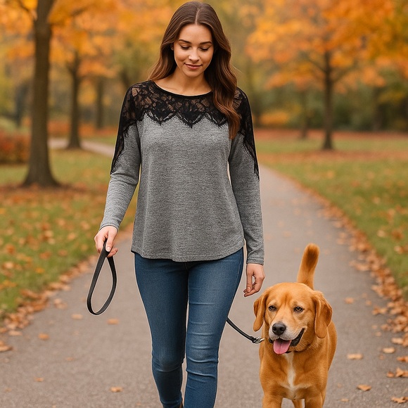 Rewind Sweaters - REWIND Sweater Heathered Gray Black Lace Accents Grey Long Sleeve Size Large